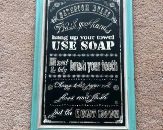 d Vintage Style Bathroom Rules Chalkboard Sign with Turquoise Frame