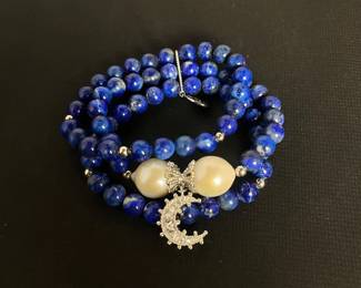 b Blue Beaded Bracelet with Pearl and Crescent Moon Charm