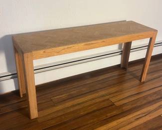 f MidCentury Modern Wooden Bench with Herringbone Pattern