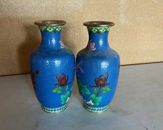 an Pair of Antique Blue Cloisonn Vases with Floral Motif