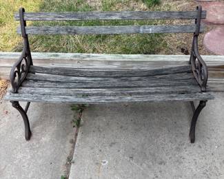f Outdoor Garden Bench with Cast Iron Frame and Weathered Wood Slats
