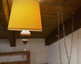 f Hanging Lamp with Gold Chain and Pleated Amber Shade