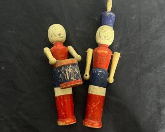 c Vintage Wooden Toy Soldiers with Drum and Hat Patriotic Red, White, and Blue Design