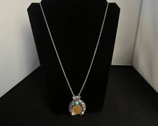 b Silver Pendant Necklace with 1908 Native American Head Penny and Turquoise Colored Accents