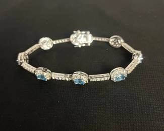 b Sterling Silver Blue Maybe Topaz and Clear Stoned Tennis Bracelet
