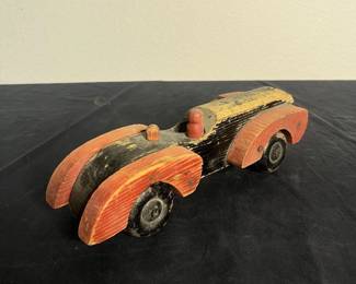 c Vintage Handcrafted Wooden Race Car Toy with Red and Black Finish