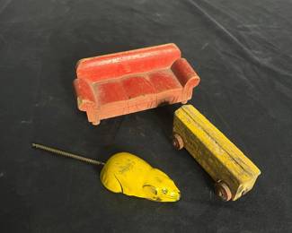 c Vintage Wooden Toy Set Featuring Red Sofa, Yellow Mouse with Spring Tail, and Yellow Wheeled Cart