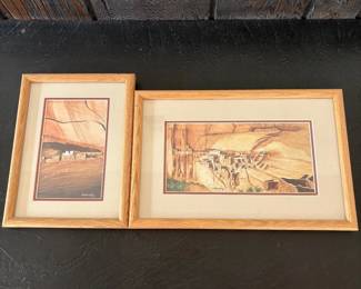 ar set of Two Framed Clifford Brycelea Native American Art Prints Featuring White House Ruins and Anasazi Ruins