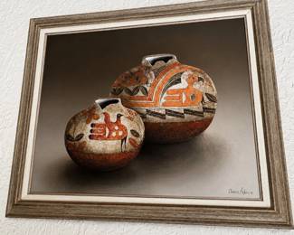 ar Charles Azbell Signed Southwestern Pottery Still Life Framed Canvas
