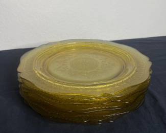 k Federal Amber Depression Glass Patrician Spoke Dinner Plates with Intricate Floral Etching