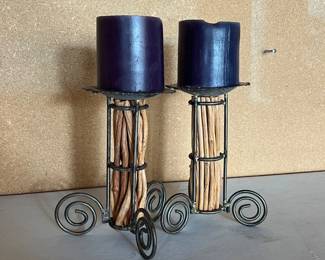 d Rustic Wrought Iron and Wood Pillar Candle Holder with Spiral Base Design