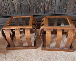 f Pair of Wooden Side Tables with Curved Slat Design and Glass Tops