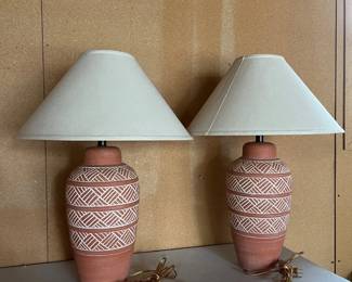 f Pair of Terracotta Table Lamps with Geometric White Pattern and Cream Fabric Shades