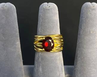b Italian Gold Colored Ring with Deep Red Gemstone