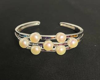 b Sterling Silver Cuff Bracelet with Pearls and Multicolored Gem Accents