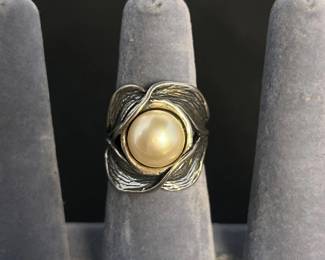 b Israeli Sterling Silver Ring with Pearl Accent