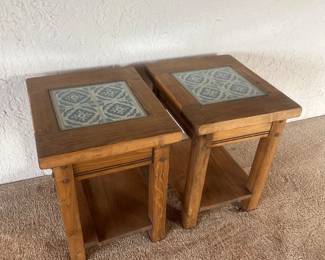 f Vintage Wooden End Tables with Decorative Tile Insets
