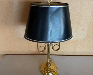 an Vintage French Horn Bouillotte Lamp with Black Faux Leather Shade