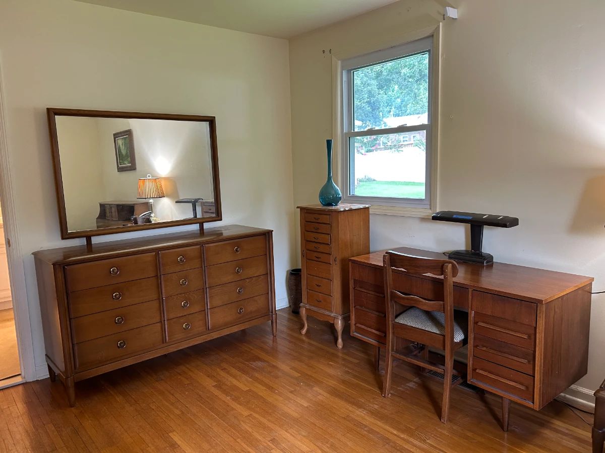 #001 Unique Furniture dresser with mirror 12 drawers 60x20x33 mirr 47 $200 #003 Fignders desk mid century 9 drawers with chair 48x22x29 $175.00