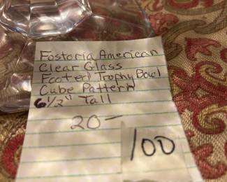 #100 Fostoria American Clear Glass Footed Trophy Bowl Cube Pattern 6.5" tall $20.00