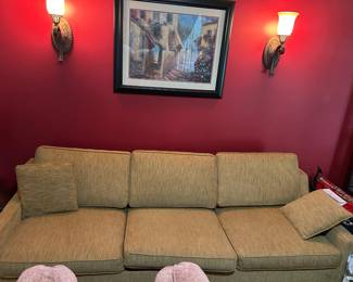 #026 Hide-a-bed mustard brown sofa loose back 86" long $75.00