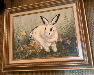 #135 white and black hand painted rabbit with gold frame $75.00