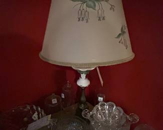 #032 Metal and ceramic painted lamp with shade 29" tall $75.00