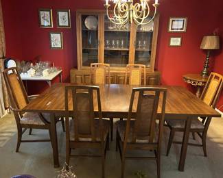 #010 Stanley Wood Dining Table w/1 leaf and 6 Chairs w/1 captains Chair w/Cane Back Seat - 68-80x42x28 (has table pads) $200.00