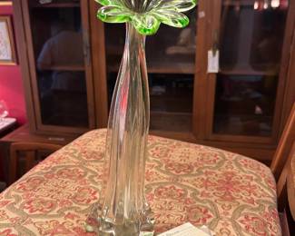 #124 Vintage Gardenia Hand Blown Murno Glass Green Vase $125.00