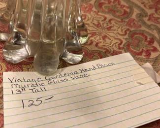 #124 Vintage Gardenia Hand Blown Murno Glass Green Vase $125.00