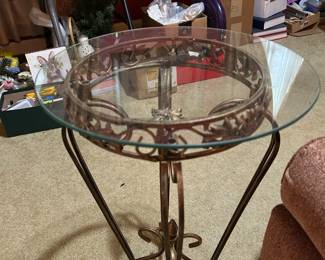 #027 Gold painted metal glass top end table 15x20 $30.00
