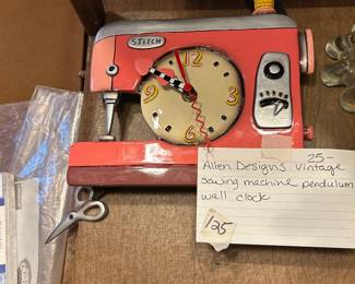 #125 Allen Designs Vintage Sewing Machine Pendulum Wall Clock $25.00