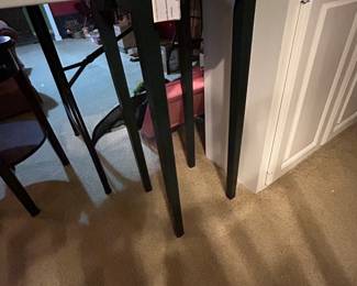 #030 table Dining rm Square tall wood table green painted legs with stained wood top 12x12x30 $40.00