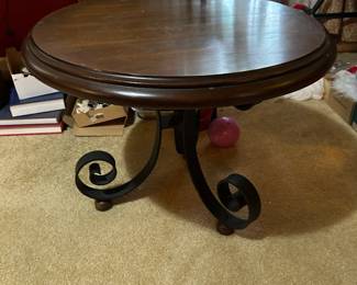 #024 Wood and metal table round 26x20 as-is finish $100.00
