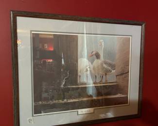 #084 3 ducks looking at a cat print Fritz and Gander 399 0f 900 Rodney Lewis signed 26x21 $100.00