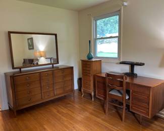 #001 Unique Furniture dresser with mirror 12 drawers 60x20x33 mirr 47 $200 #003 Fignders desk mid century 9 drawers with chair 48x22x29 $175.00