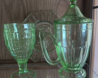 Paden City Glass Company lidded beverage server and colonial block pattern water glass by Hazel Atlas