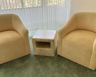 SM262Pair Of Midcentury Beige Barrel Chairs And Faux Stone Side Table