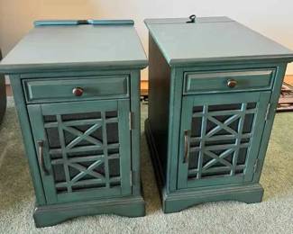 SM142Pair Of TealBlue Chair side Tables with Storage And Outlets