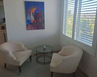 SM289Custom Made Painting And Vintage Arm Chairs With Iron Table
