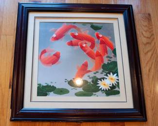 100% Silk Embroidered Nine Koi Fish Feng Shui Frame