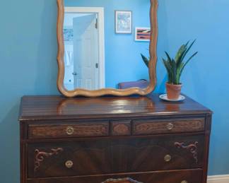 1920s Sunburst Veneer Bedroom Dresser & Drexel Solid Cherry Wood Scallopped-edge Mirror