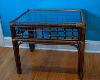 PAIR of 1970s Chinoiserie Rattan Glass Top Tables