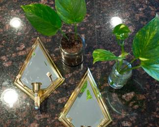 Vintage Partylite Brass Diamond Mirrored Wall Sconces