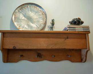 Vintage Solid Pine Wood Wall Shelf & Coat Hanger with Hidden Compartment