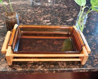 1970s Anchor Hocking Ovenproof Fire King Amber Bakeware with wooden cradle