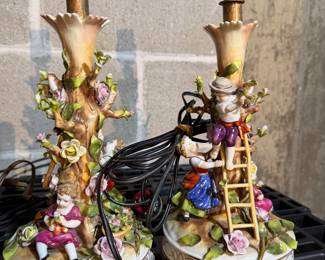 Vintage German Porcelain Flowers Accent Lamps