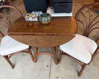 Mid Century Rattan Double Drop Leaf Table with 2 Rattan Chairs.