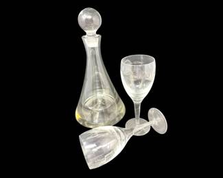 107 VintageGlassDecanterw6JohnRochaStyleGeoPatternWineGlasses