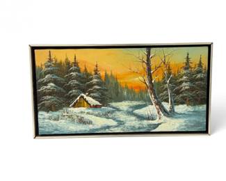 144 VintageOriginalWinterForestCabinOilPaintingSigned